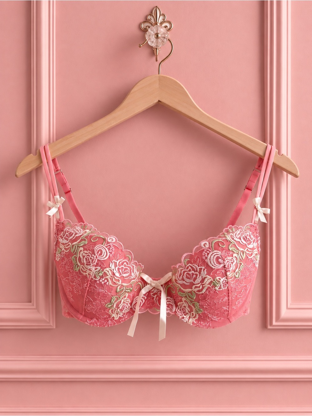 Pink Floral Embroidered Lace Detailing Bra
